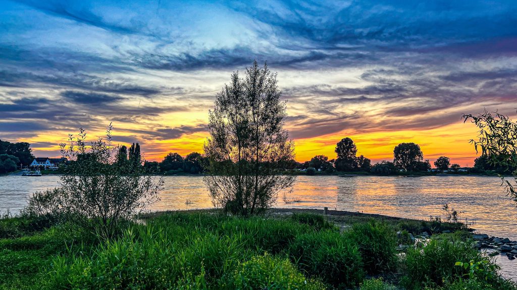 Motiv, Bild, Fotografie, Stadtteil Kaiserswerth Düsseldorf am Rhein, Rheinblick bei Sonnenuntergang