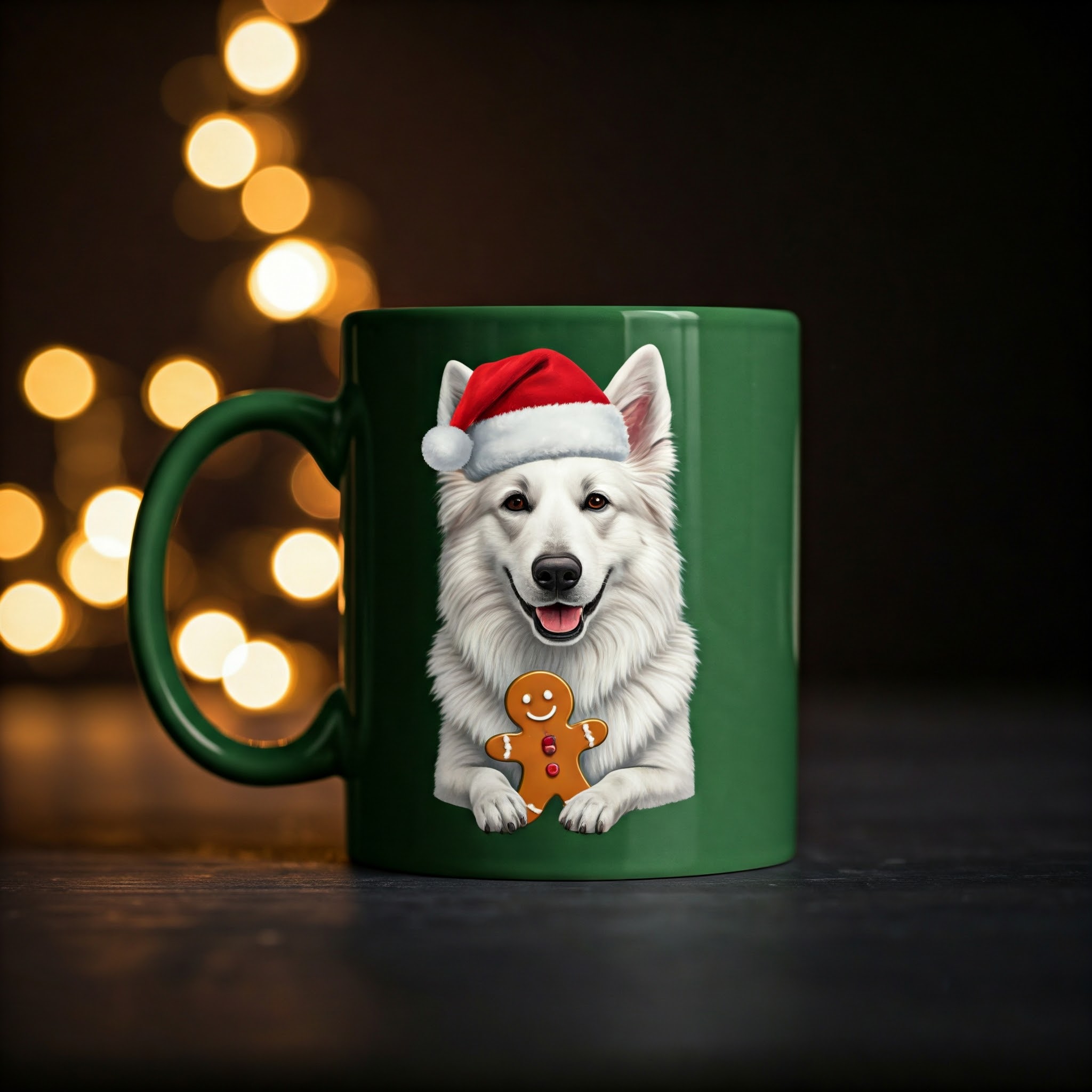 Tasse mit weißem Schäferhund und Lebkuchenmännchen