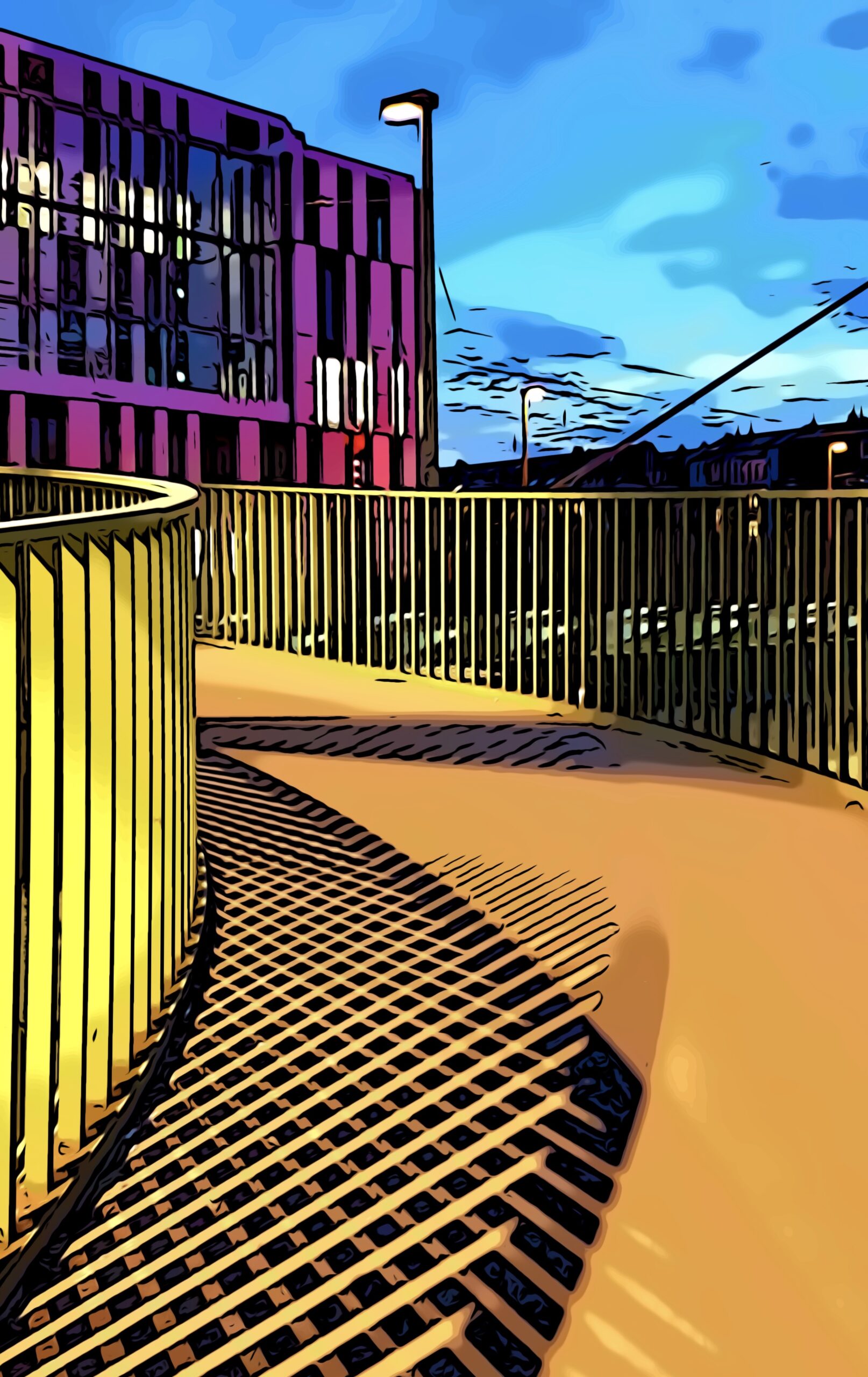 Le Flair an der Franklinbrücke - Comic Style Gebäude und Franklinbrücke am Le Flair-Viertel in Düsseldorf. Intensive Farben in Gelb und Pink im Comic Style.