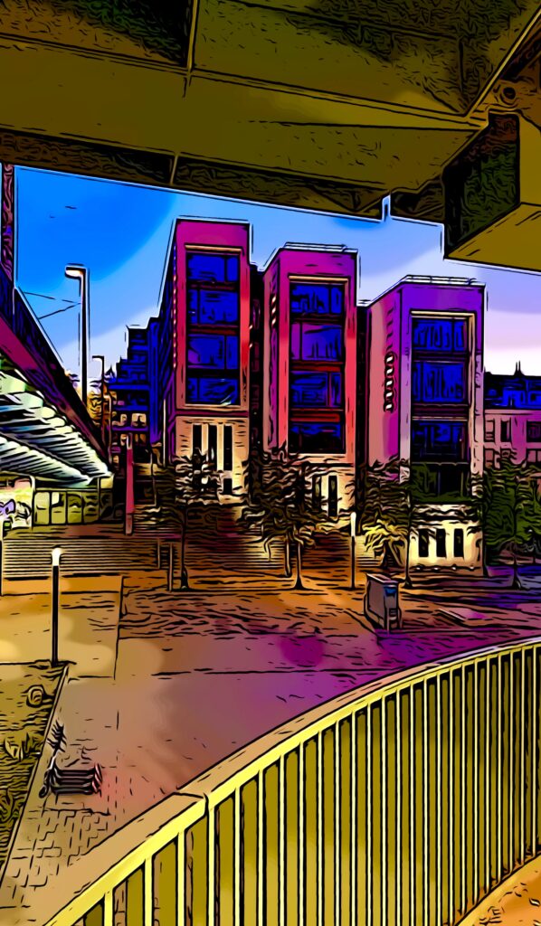 Le Flair an der Franklinbrücke - Comic Style Gebäude und Franklinbrücke am Le Flair-Viertel in Düsseldorf. Intensive Farben in Gelb und Pink im Comic Style.
